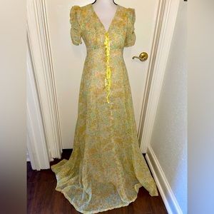 VTG 60s Cottagecore Prairie Maxi Yellow Floral Romantic Ribbon Tie Front